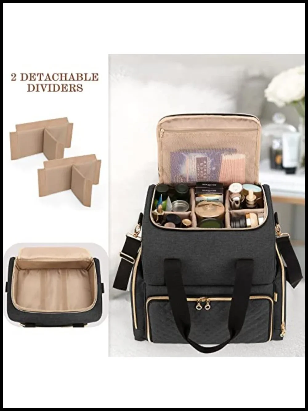 Large Travel Makeup Bag with 3 Removable Cases, Detachable Dividers, Nylon