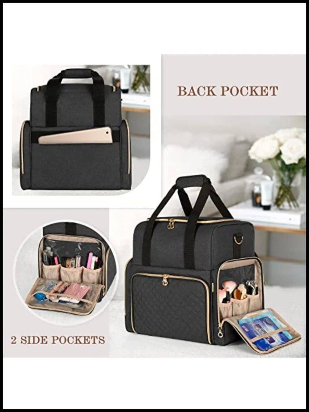 Large Travel Makeup Bag with 3 Removable Cases, Detachable Dividers, Nylon
