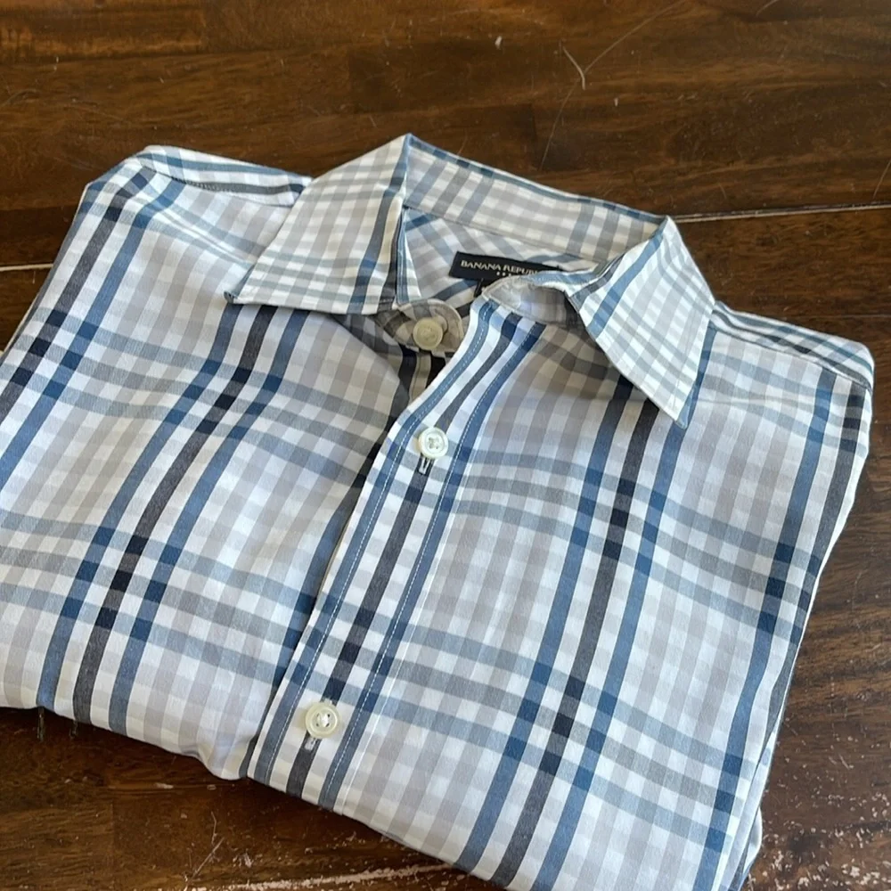 Banana Republic Men's Blue Plaid Shirt Cotton Classic Fit Button Front Size L