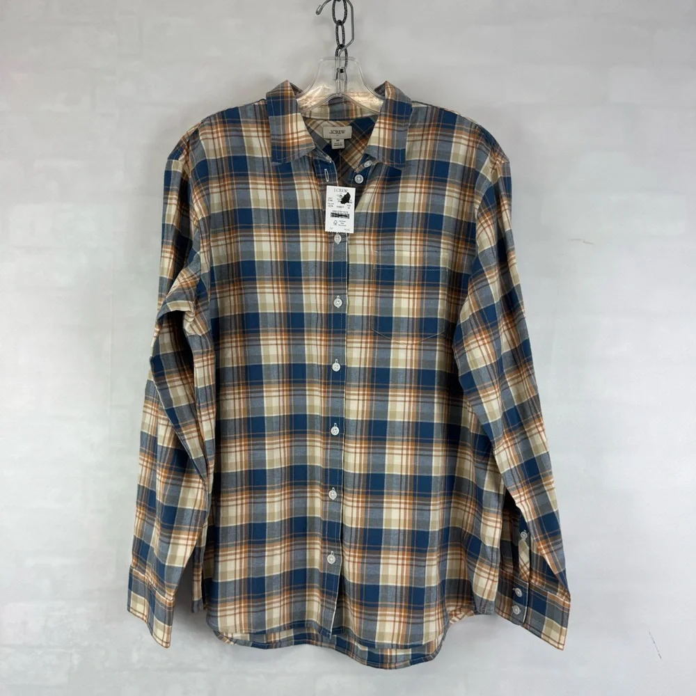 J.Crew Plaid Button Down Shirt Medium Blue Tan‎ Flannel Long Sleeve NWT