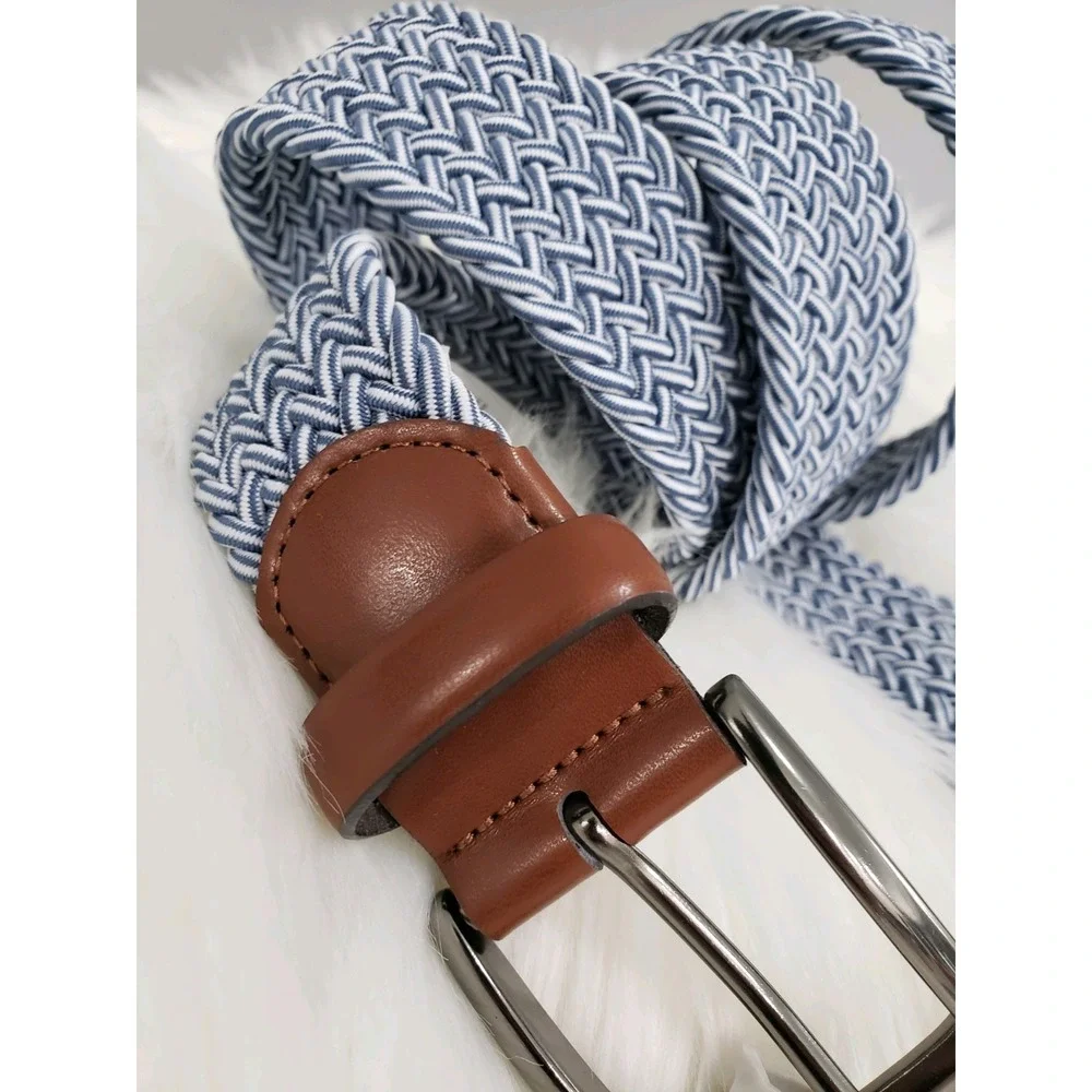 NEW‎ Perry Ellis Men Blue Stretch Woven Belt Golf Preppy Dress Up 34-36 White