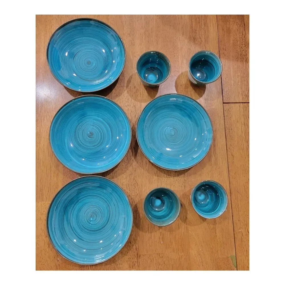 Pier 1 Japan Pottery‎ Dish Set Blue Crackle Glaze Plates Cups 4pc Set