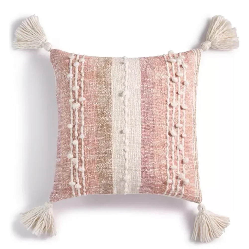 Boho Pink and Cream Throw Pillow with Tassels