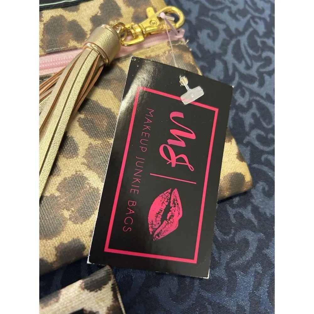 Set Of 2 Makeup Mommy Junkie Bags - Cheetah - Zippered - Vinyl - New With Tags