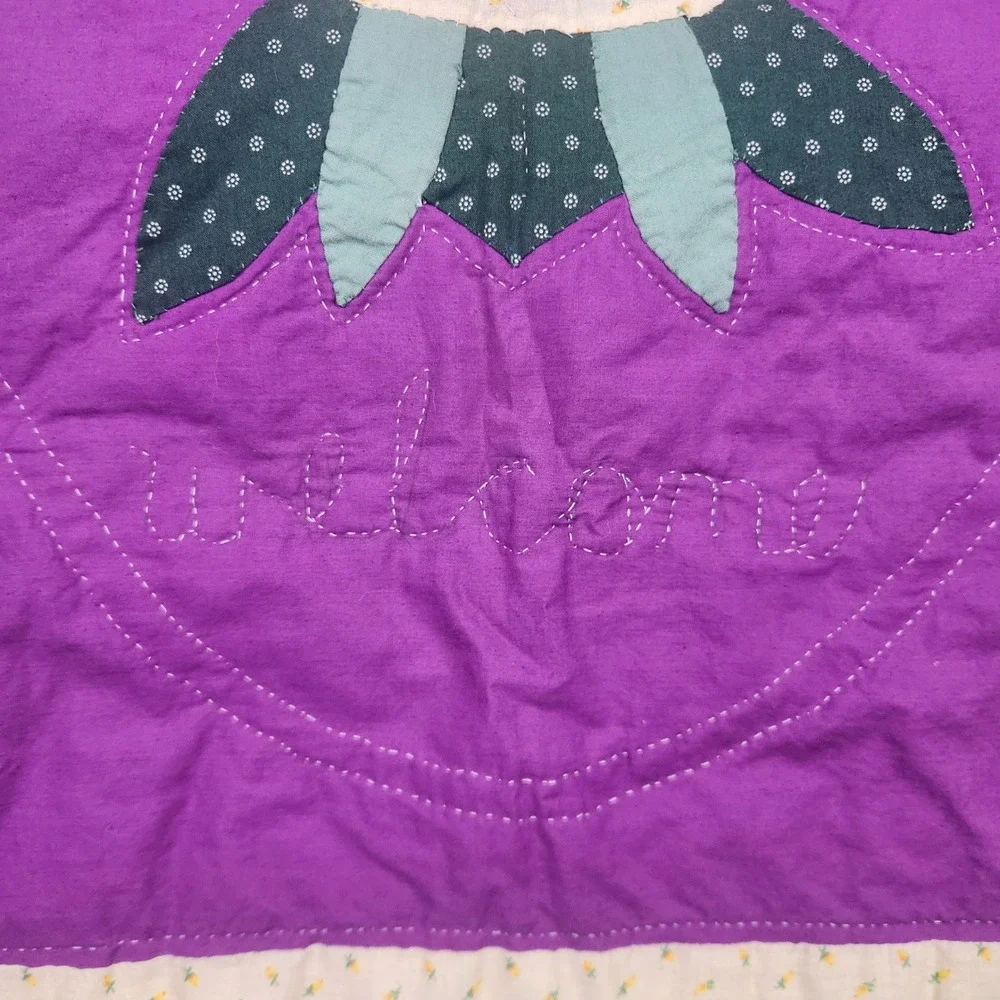 Vintage Hand Stitched Pineapple Welcome Quilt Wall Hanging Purple Green 25x31
