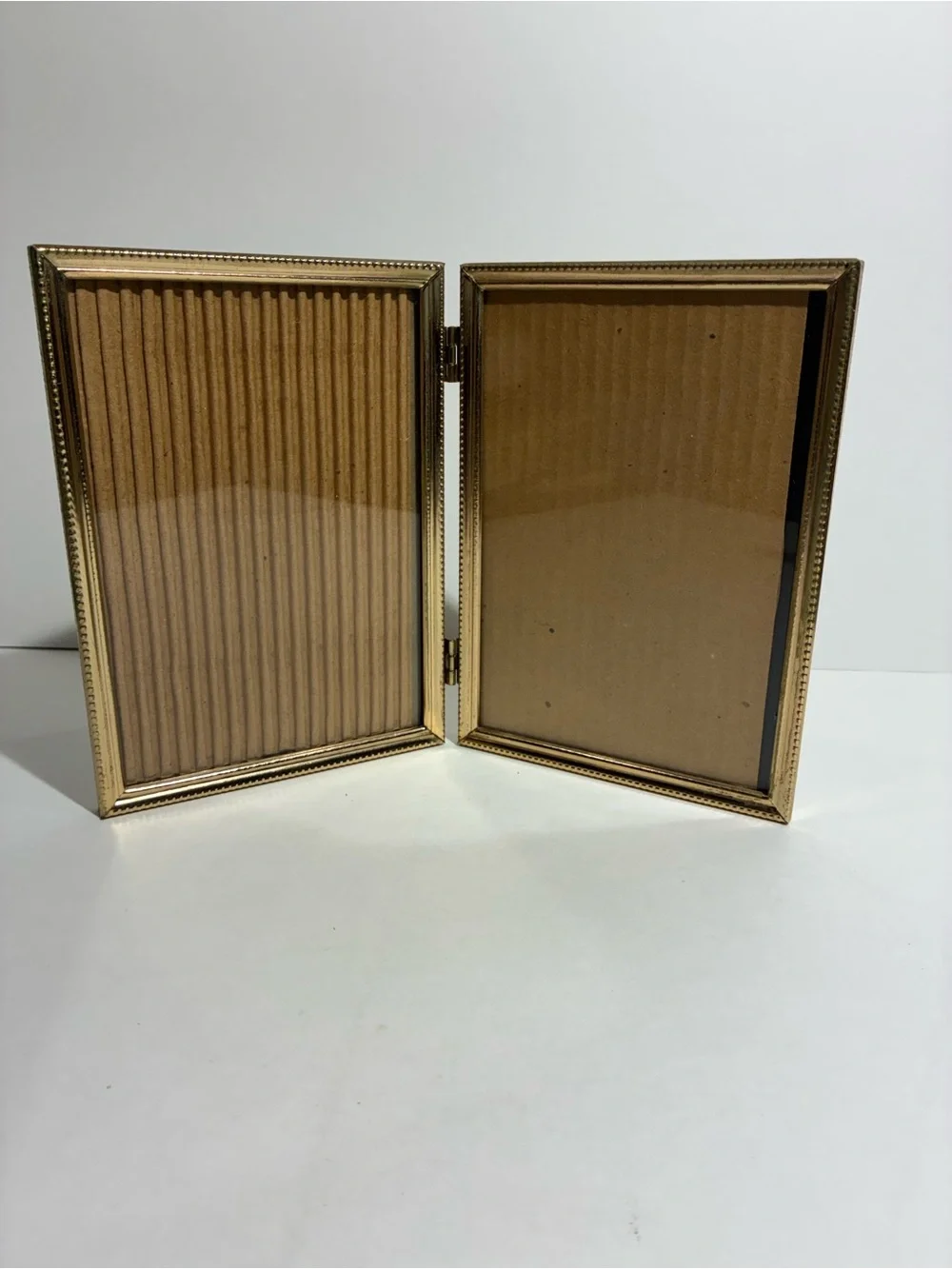 Vintage Brass Double Hinged Picture Frame Beaded Edge Bifold Gold Tone