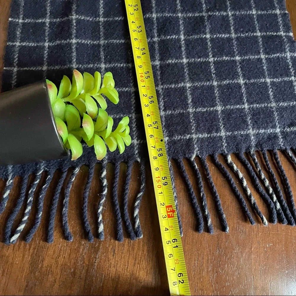 Polo Ralph Lauren 100% Lambs Wool Plaid Blue Fringe Scarf