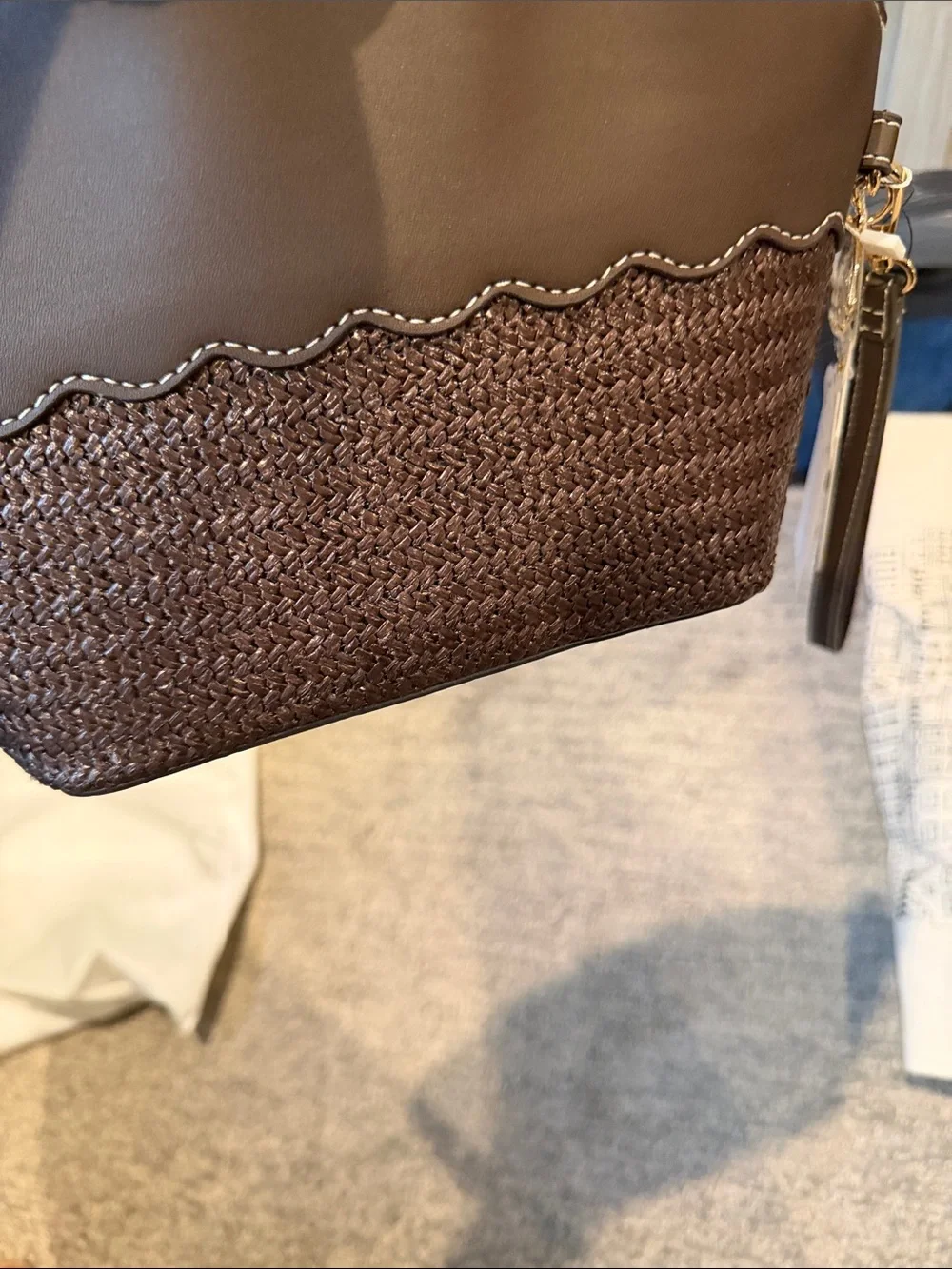 Nanette Lepore Brown Scalloped Straw Cosmetic Pouch with Gold Accent