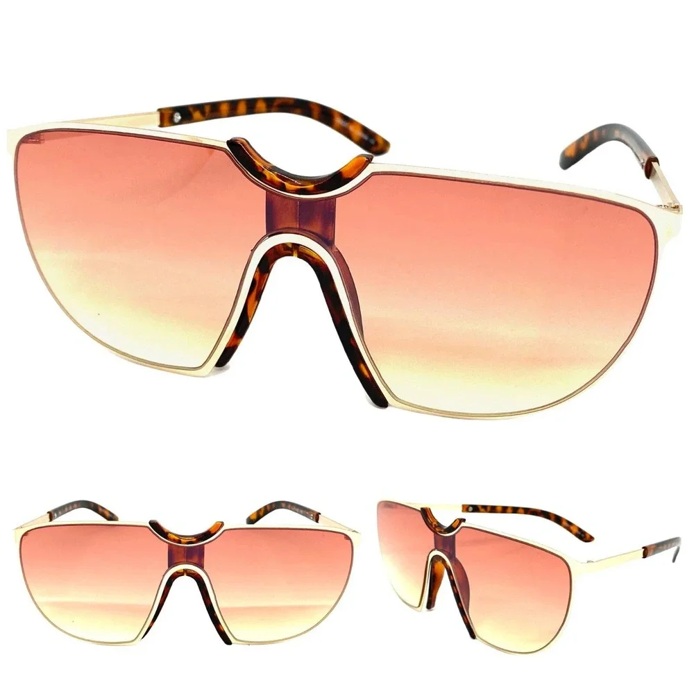 Oversized Shield Sunglasses Fashion Visor Gold Frame Tortoise Accents Trendy New