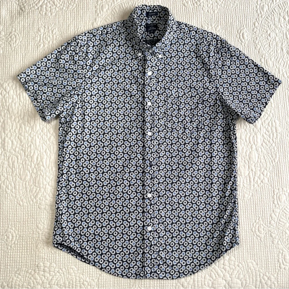 J. CREW Men’s Blue Floral Classic Flex Washed Button Up Short Sleeve Shirt Mediu