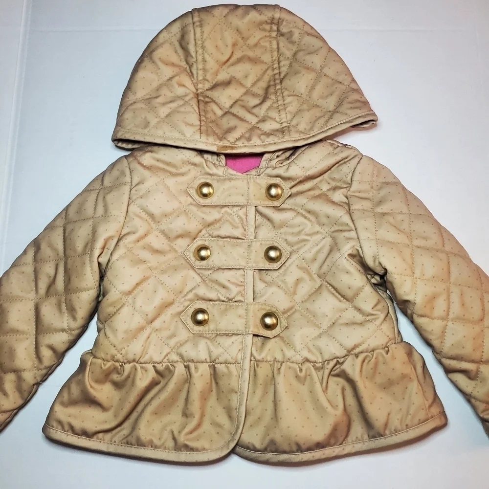Baby Gap Toddler Girls Tan With Pink Polka Dot Hooded Jacket Sz 2