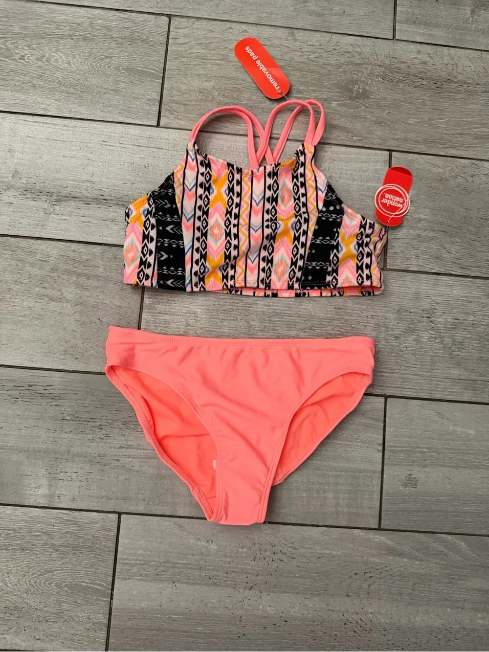 wonder nation Coral Pink & Multicolor Aztec Girls' Tankini