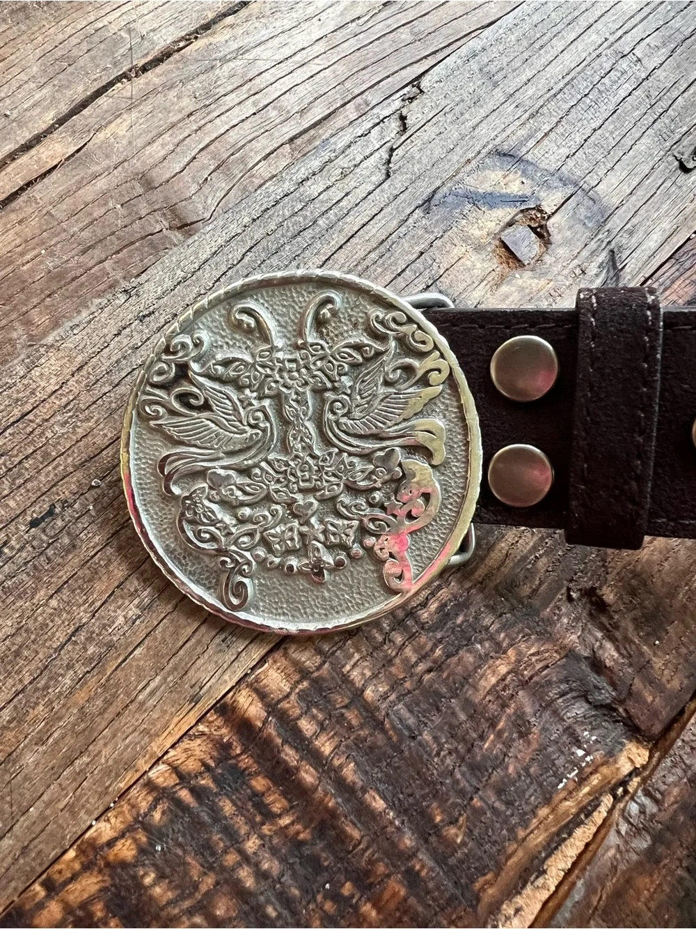 Men’s  Brown Leather Belt with Decorative Silver-Tone Buckle