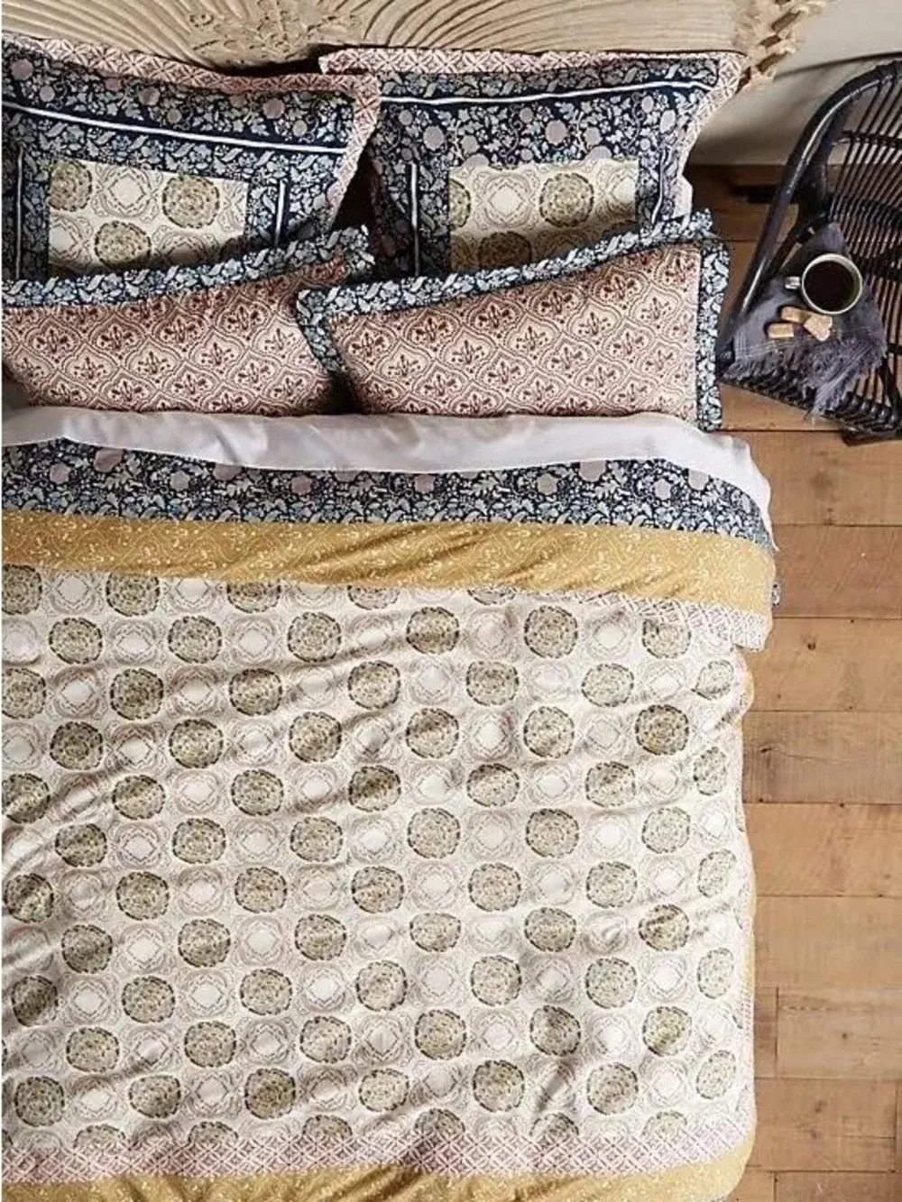 Anthropologie Multicolor Floral & Patchwork Duvet Cover - Blue, Mustard, Pink