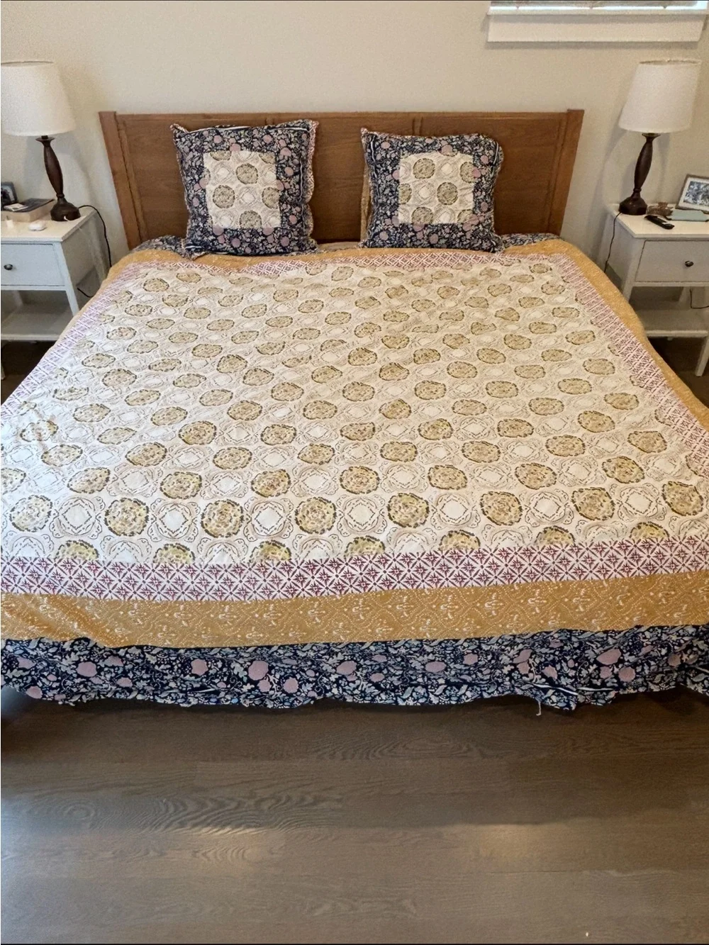 Anthropologie Multicolor Floral & Patchwork Duvet Cover - Blue, Mustard, Pink