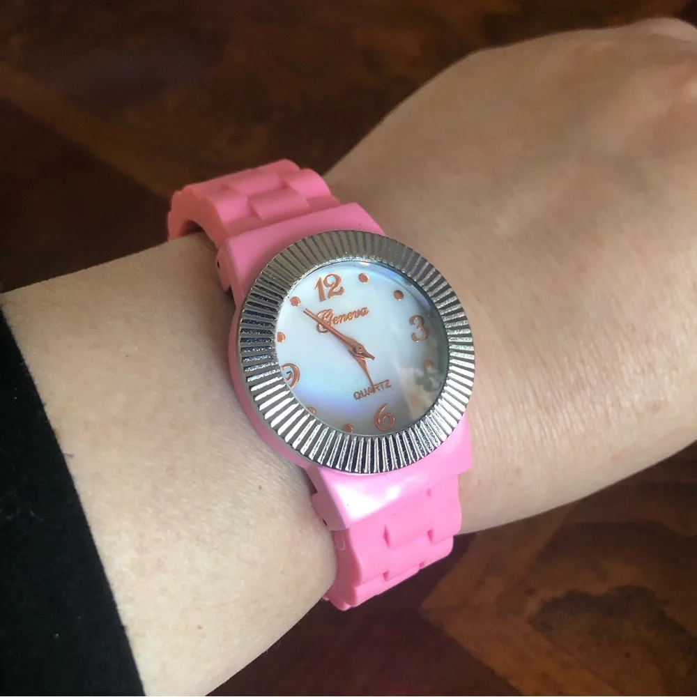 Ladies Geneva bubblegum pink soft silicone cuff watch