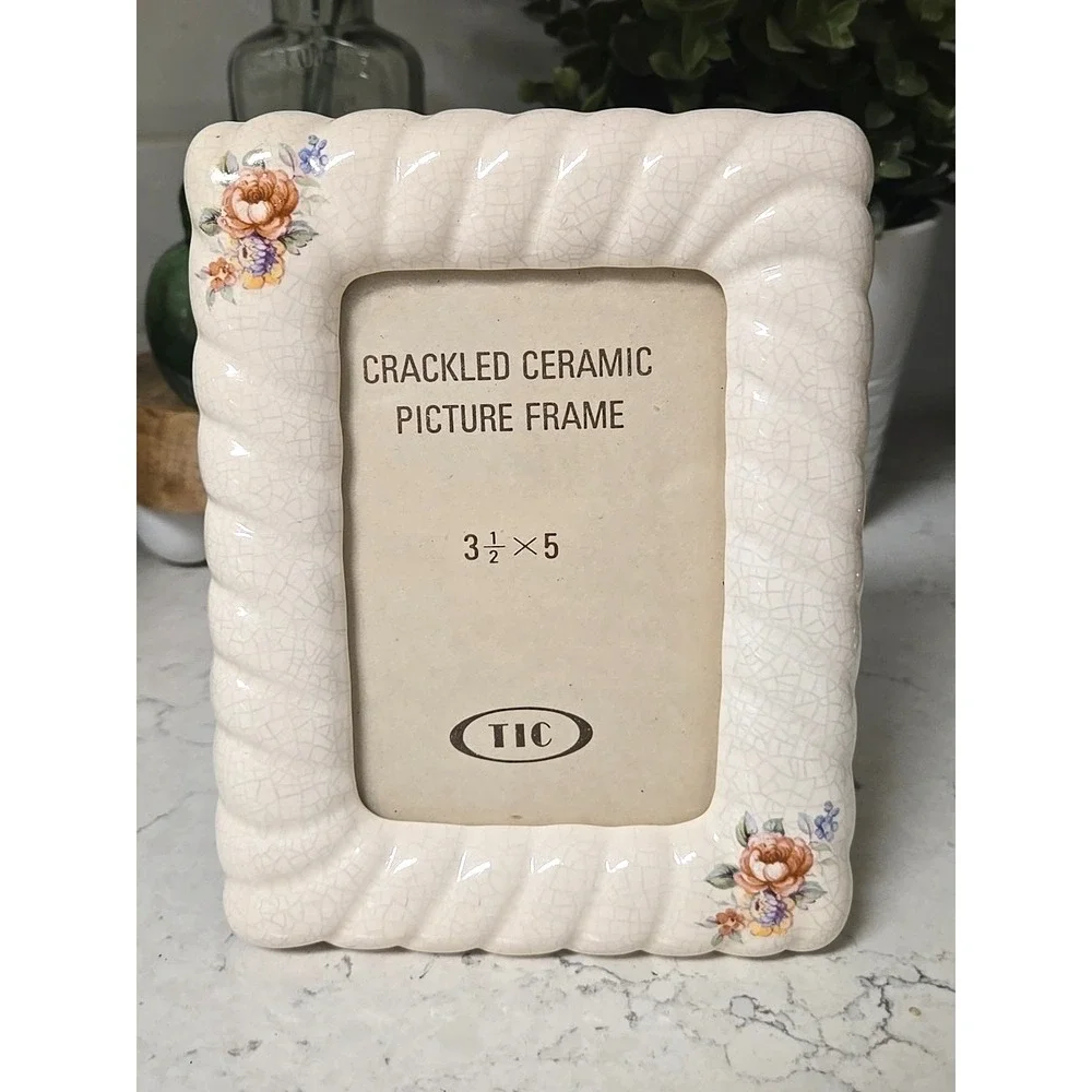 VTG Crackled Ceramic Floral Photo Frame 3.5x5 Glass Pane Cottagecore Grannycore
