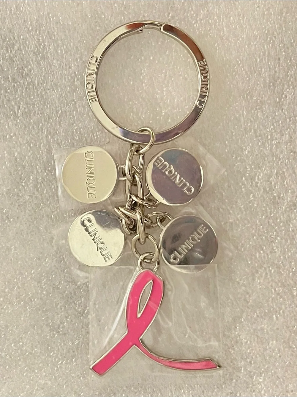 Clinique Key Chain Ring Breast Cancer Awareness Charms Pink Ribbon Silver Tone