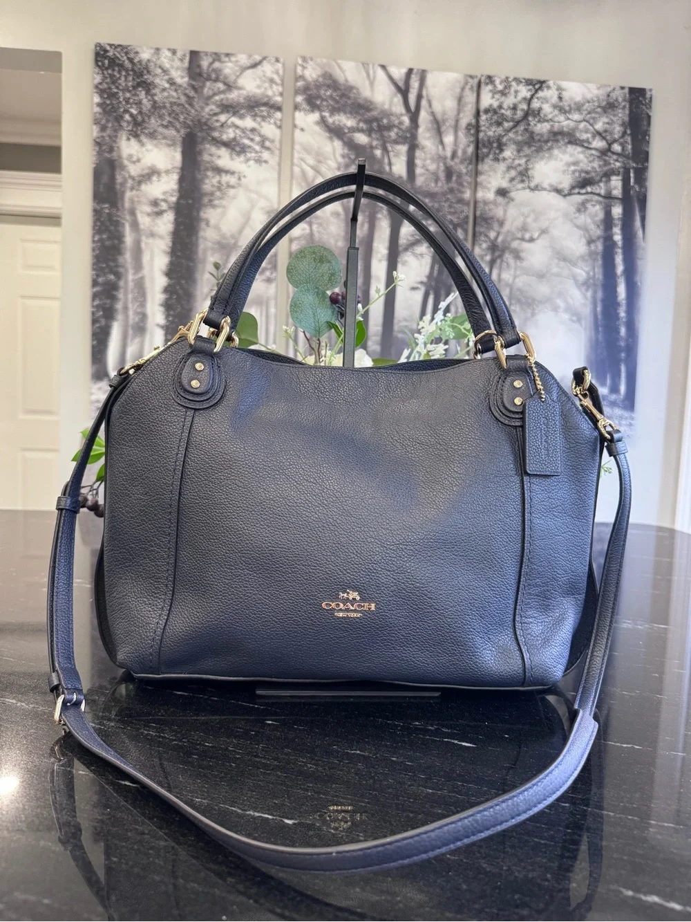 💙Coach Edie 31 Pebbled Leather Shoulder Bag Navy Blue Gold Hardware Crossbody