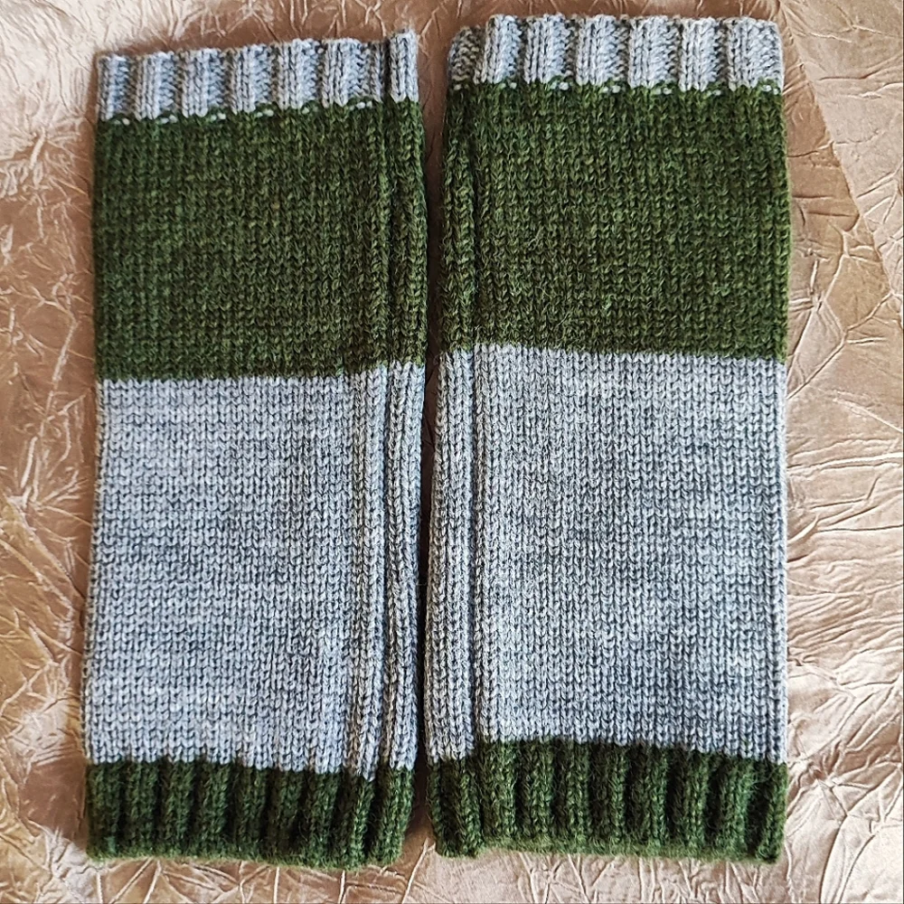 Fingerless Warm Gloves Thumb Holes Olive Green Gray Embroidered Birds Mittens