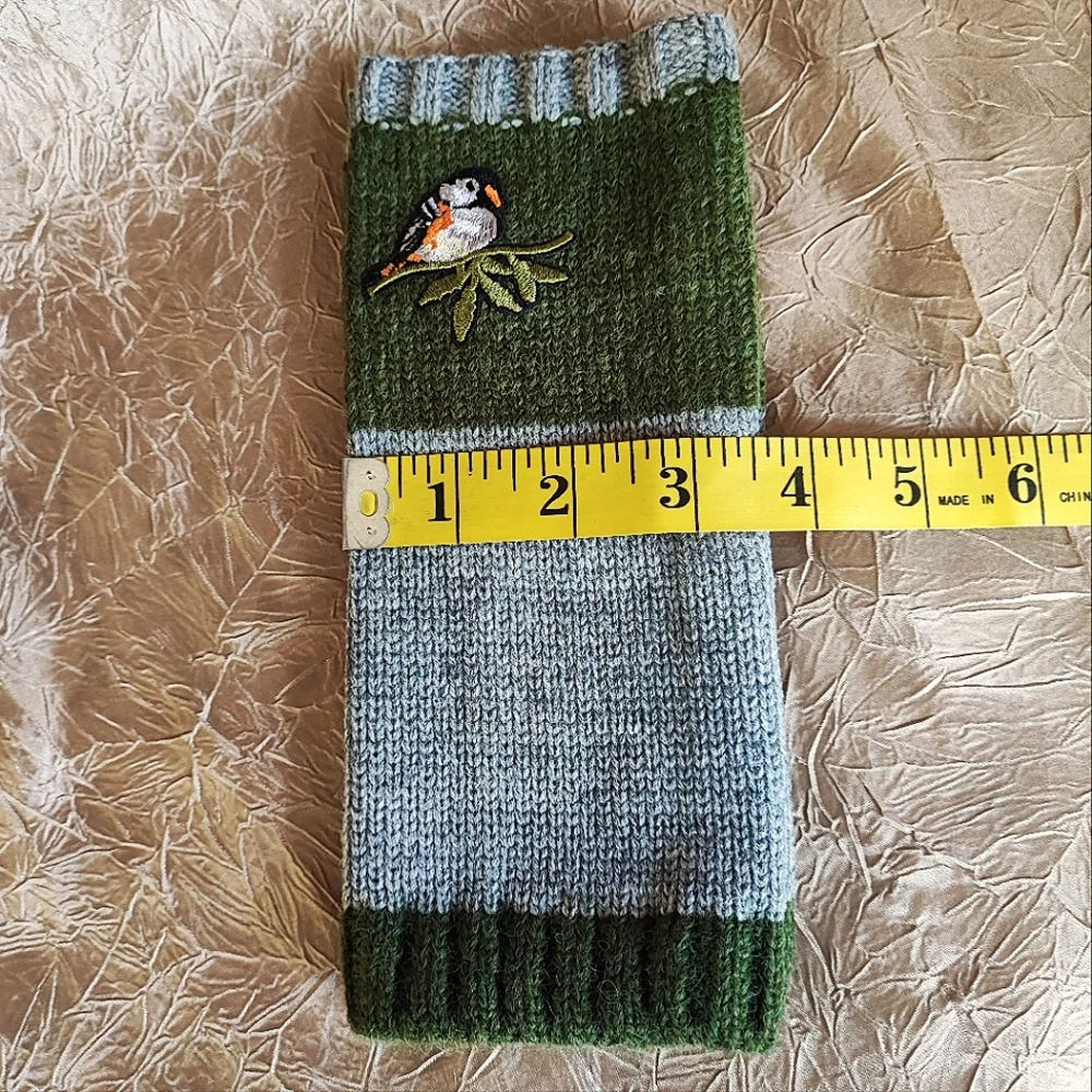 Fingerless Warm Gloves Thumb Holes Olive Green Gray Embroidered Birds Mittens