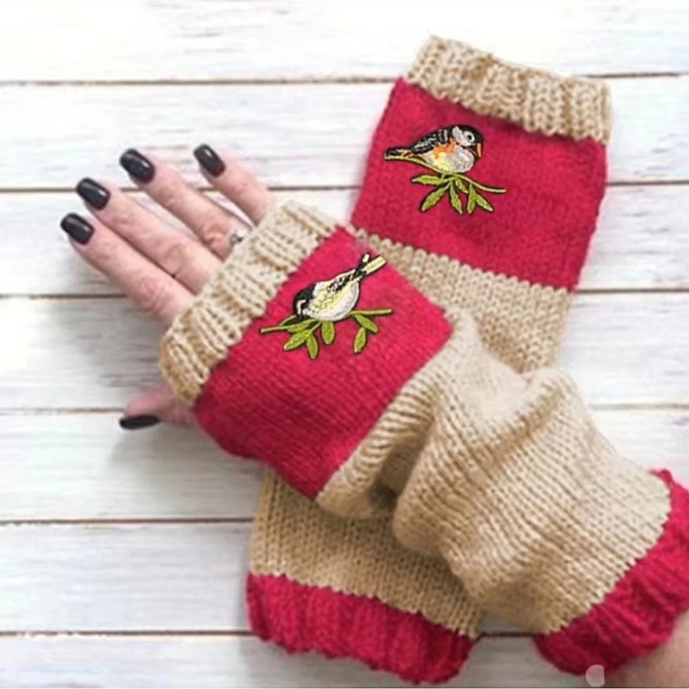 Fingerless Warm Gloves Thumb Holes Olive Green Gray Embroidered Birds Mittens