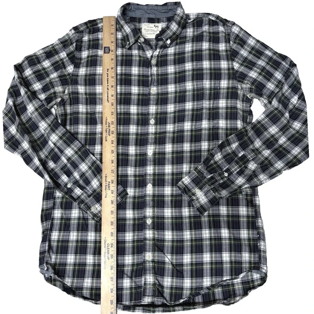 J Crew‎ Shirt Brushed Cotton Navy Blue Plaid Check Preppy Cabincore Mens Large