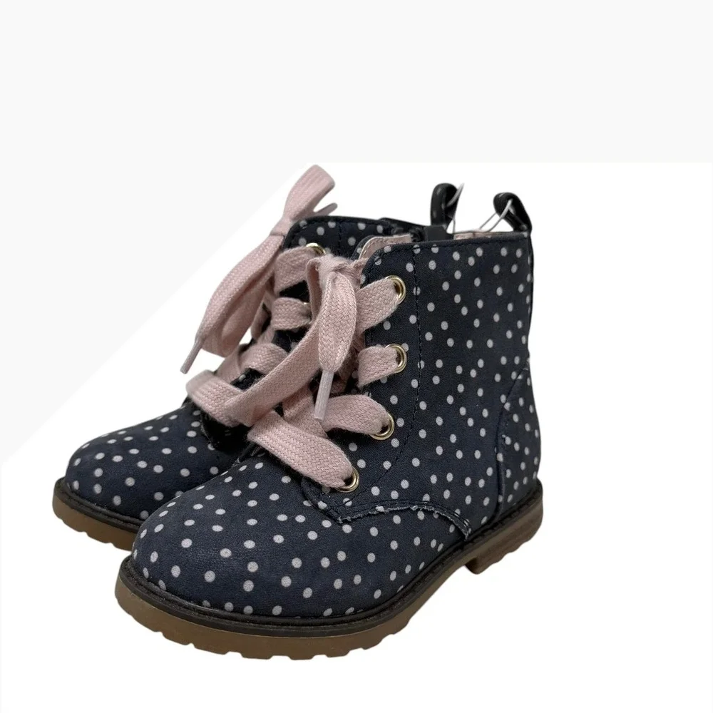 Cat & Jack Toddler Girls Navy Polka Dot Lace Up Side Zip Ankle Boots Size 8