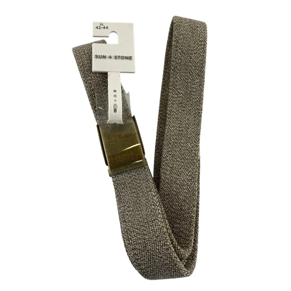 Sun + Stone Men’s Heathered Tan Stretchy Textured Belt with Metallic Buckle XL‎