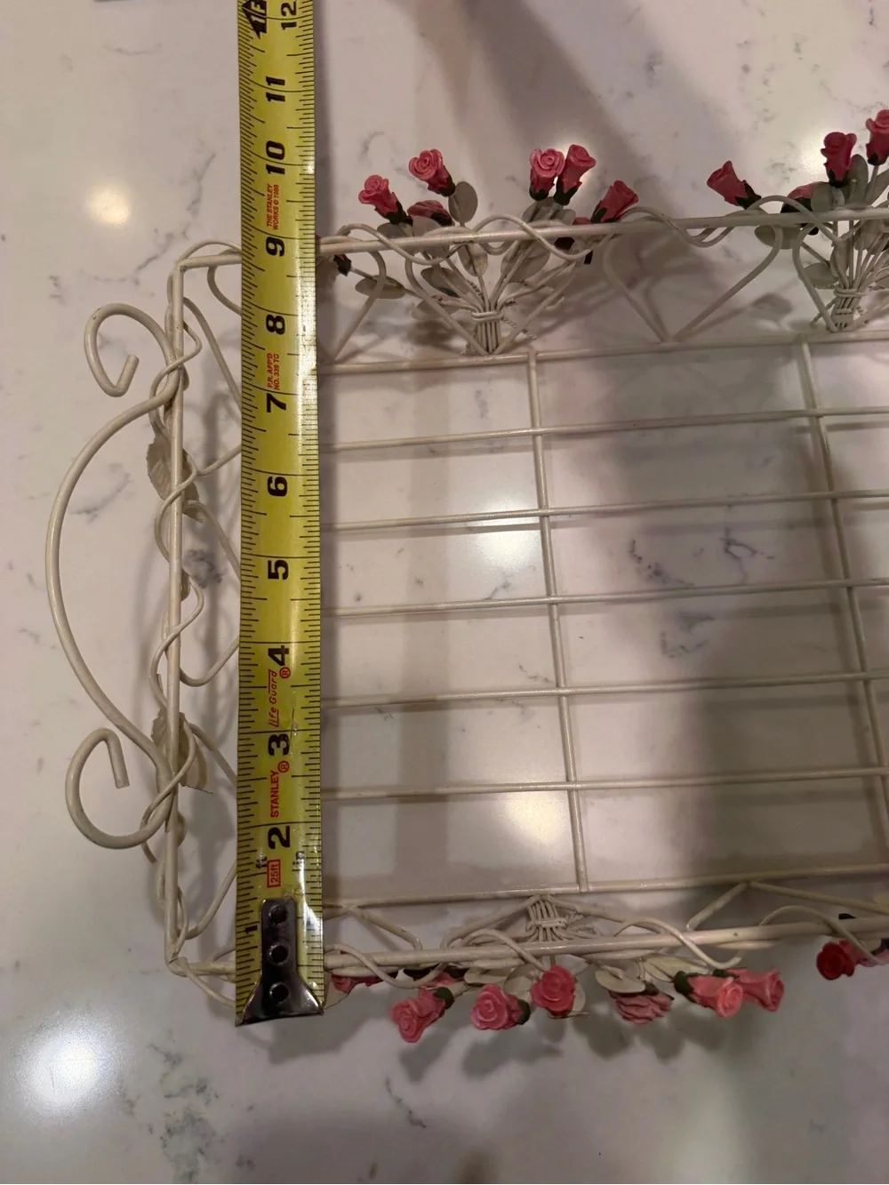 Vintage Cottage Cream Metal Wire Rose Tray Shabby Chic Pink Floral Vanity Basket