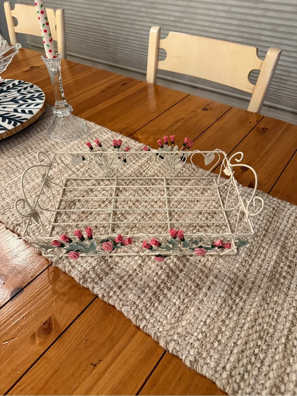 Vintage Cottage Cream Metal Wire Rose Tray Shabby Chic Pink Floral Vanity Basket