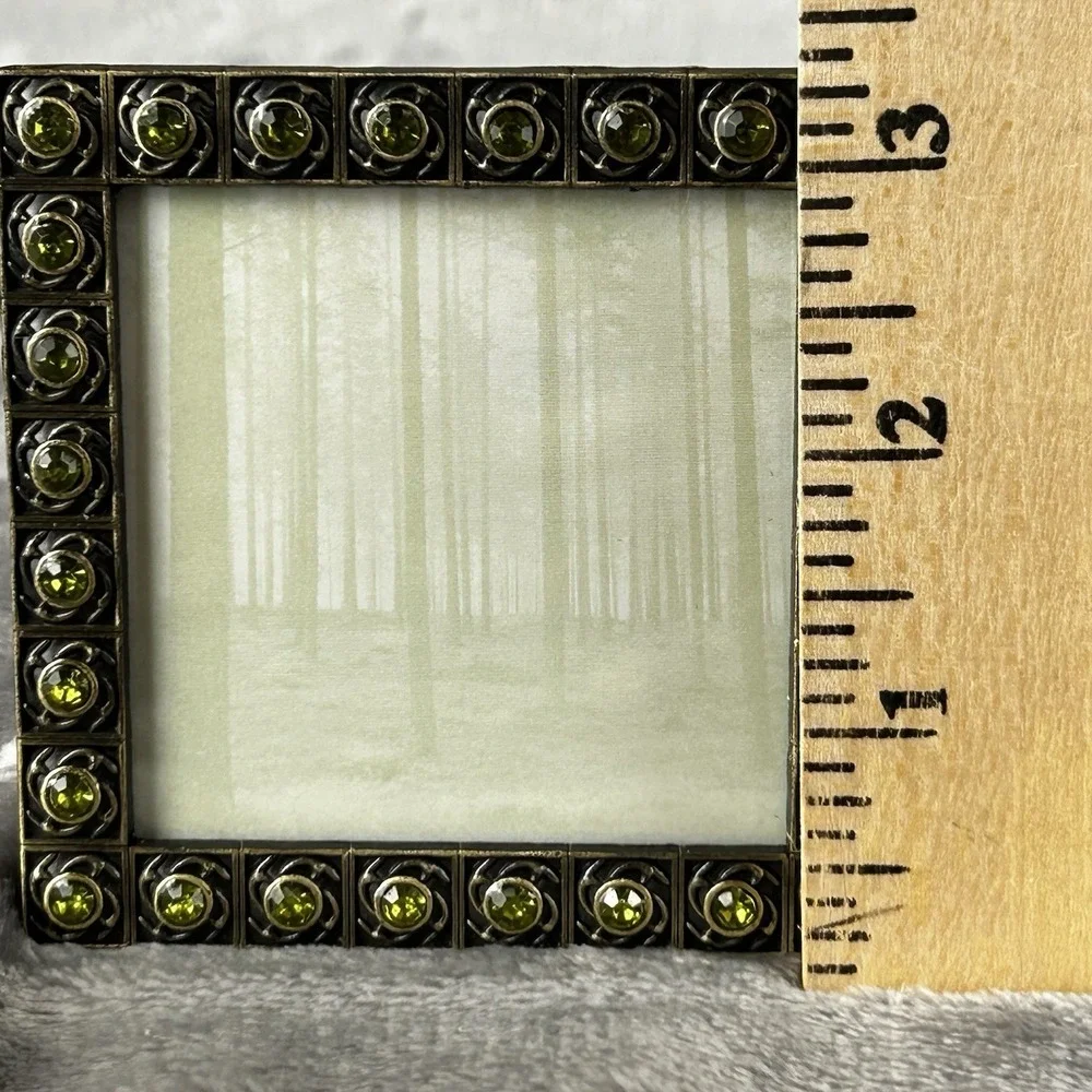 VTG Brass Jeweled Metal Square Frame Green Peridot Colored Rhinestones Boho‎