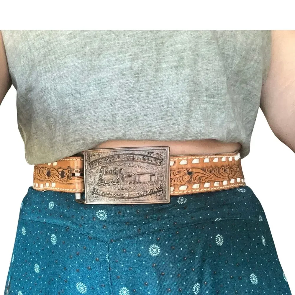 Justin boots size 28 tool leather belt with vintage Wells Fargo buckle