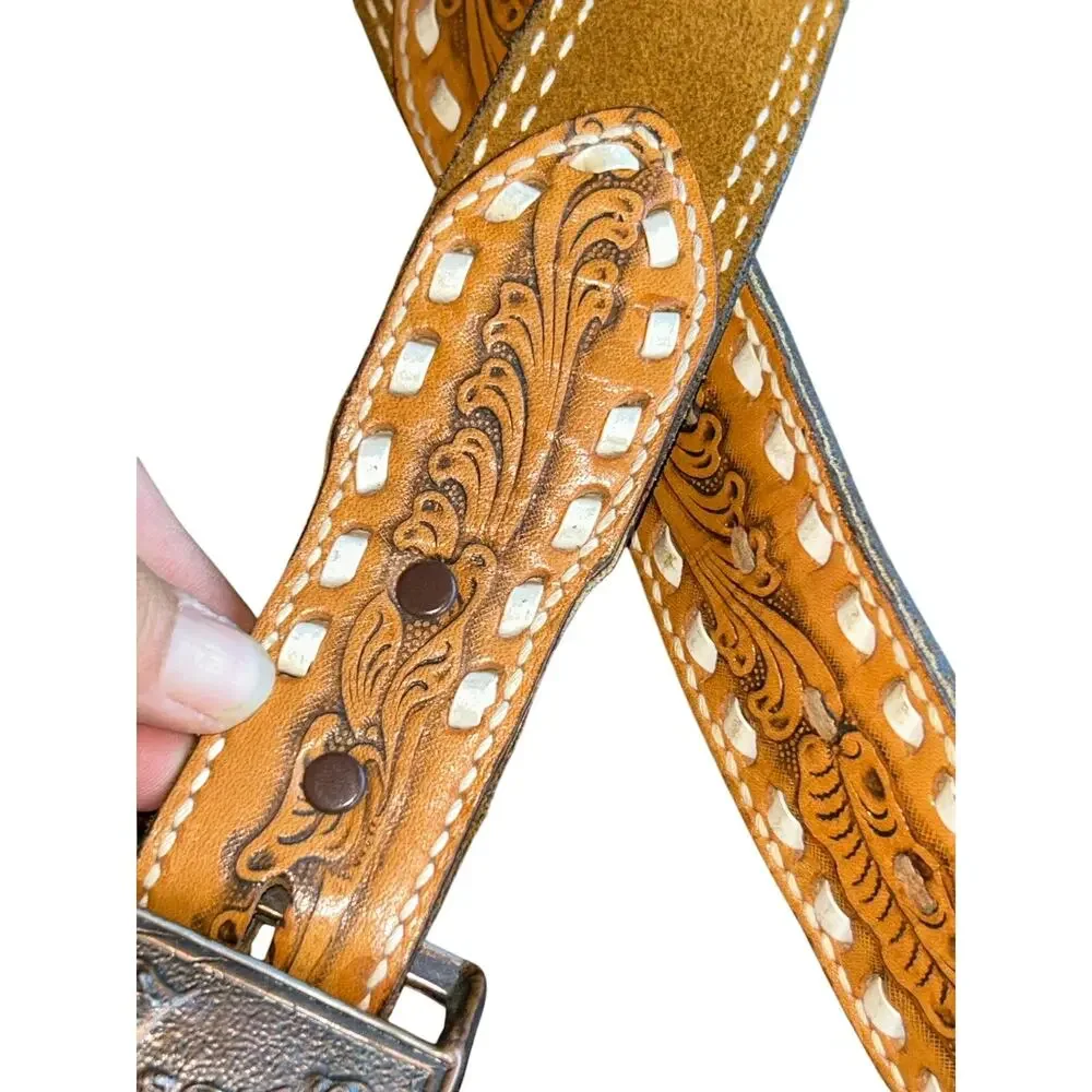 Justin boots size 28 tool leather belt with vintage Wells Fargo buckle