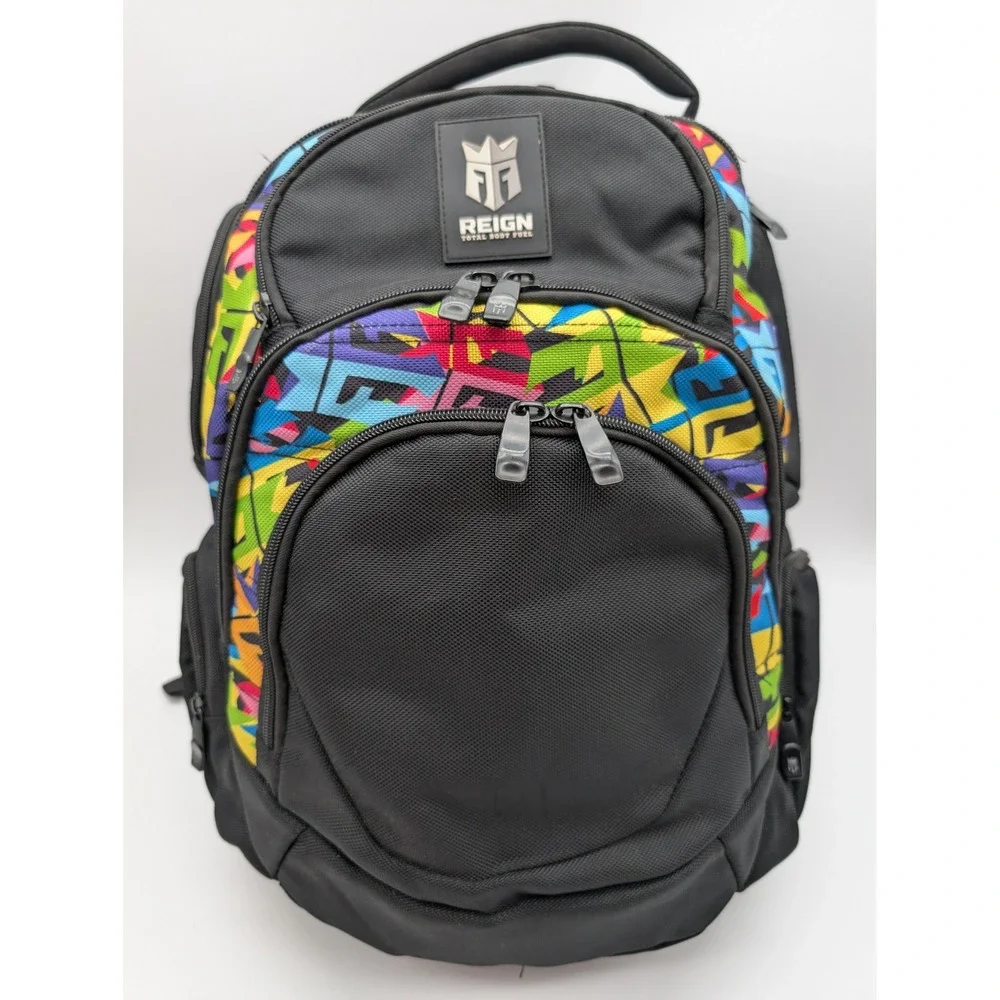 Reign Total Body Fuel Backpack Black Multicolored Graffiti Print Gym Travel Bag