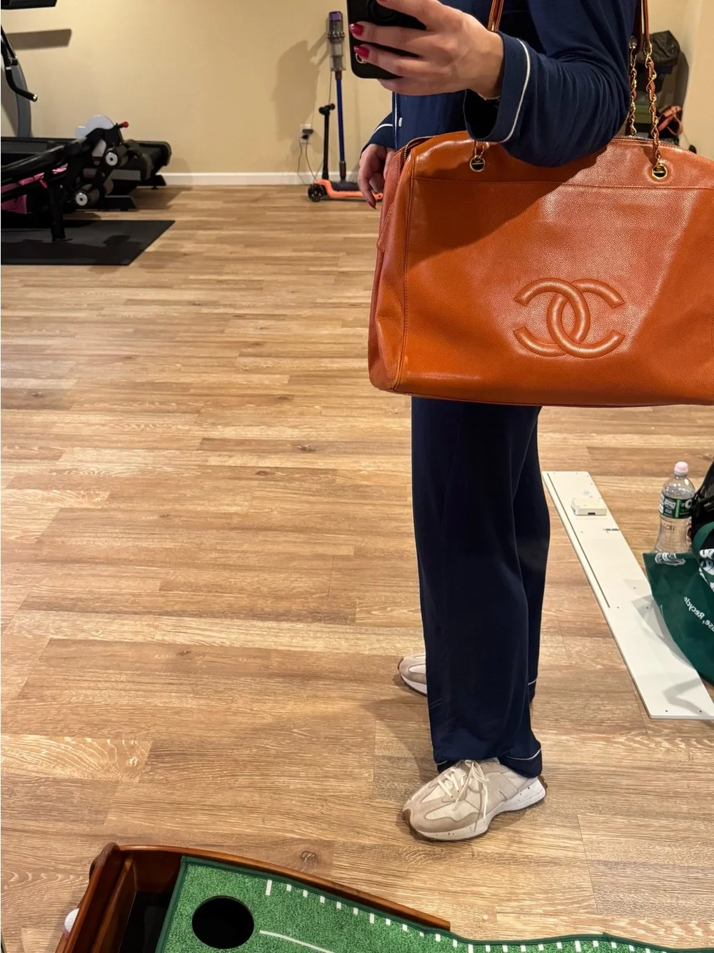 CHANEL Orange Leather Double-C Tote with Gold Chain Straps