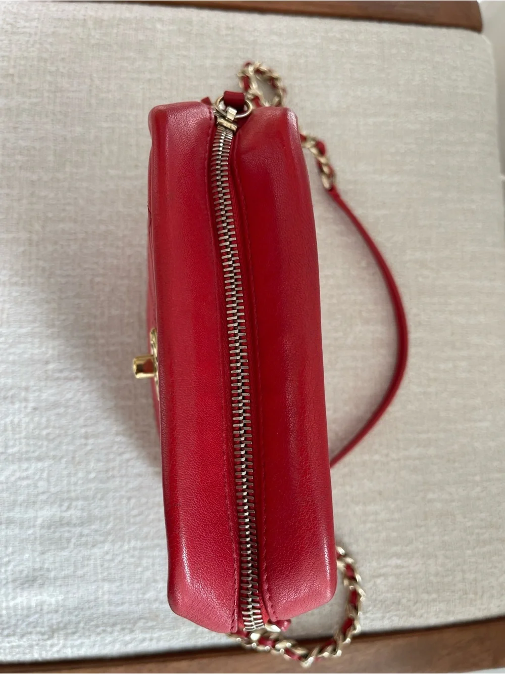 CHANEL Red Quilted Leather Crossbody Bag with Gold Chain