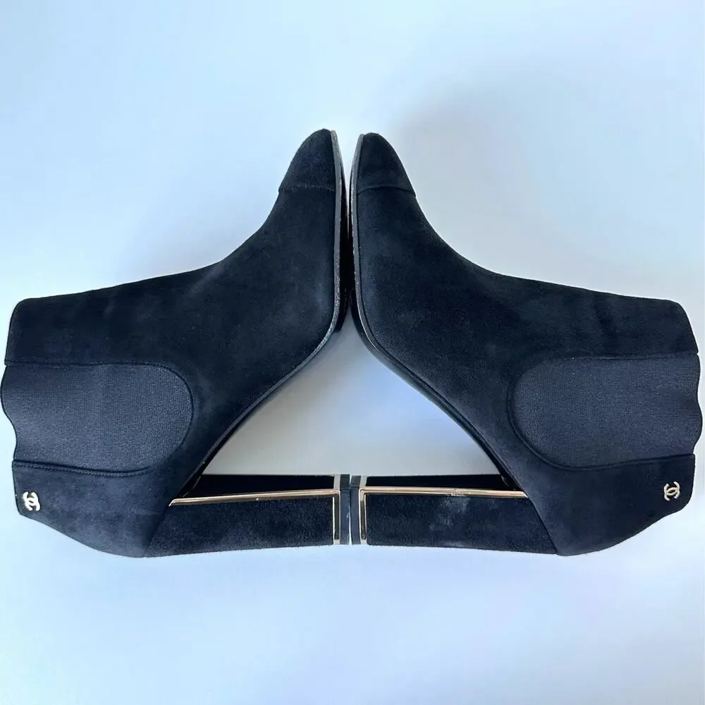 CHANEL Black Suede Gold Logo Chelsea Heel Ankle Boots IT 39.5