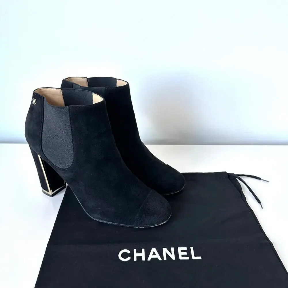 CHANEL Black Suede Gold Logo Chelsea Heel Ankle Boots IT 39.5