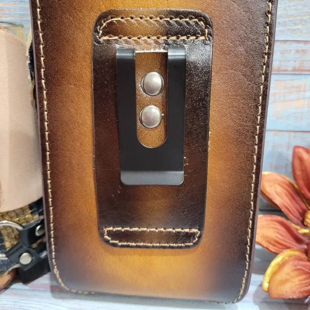 Longhorn Leather Phone Holstor With Belt Clip LARGE 7x4