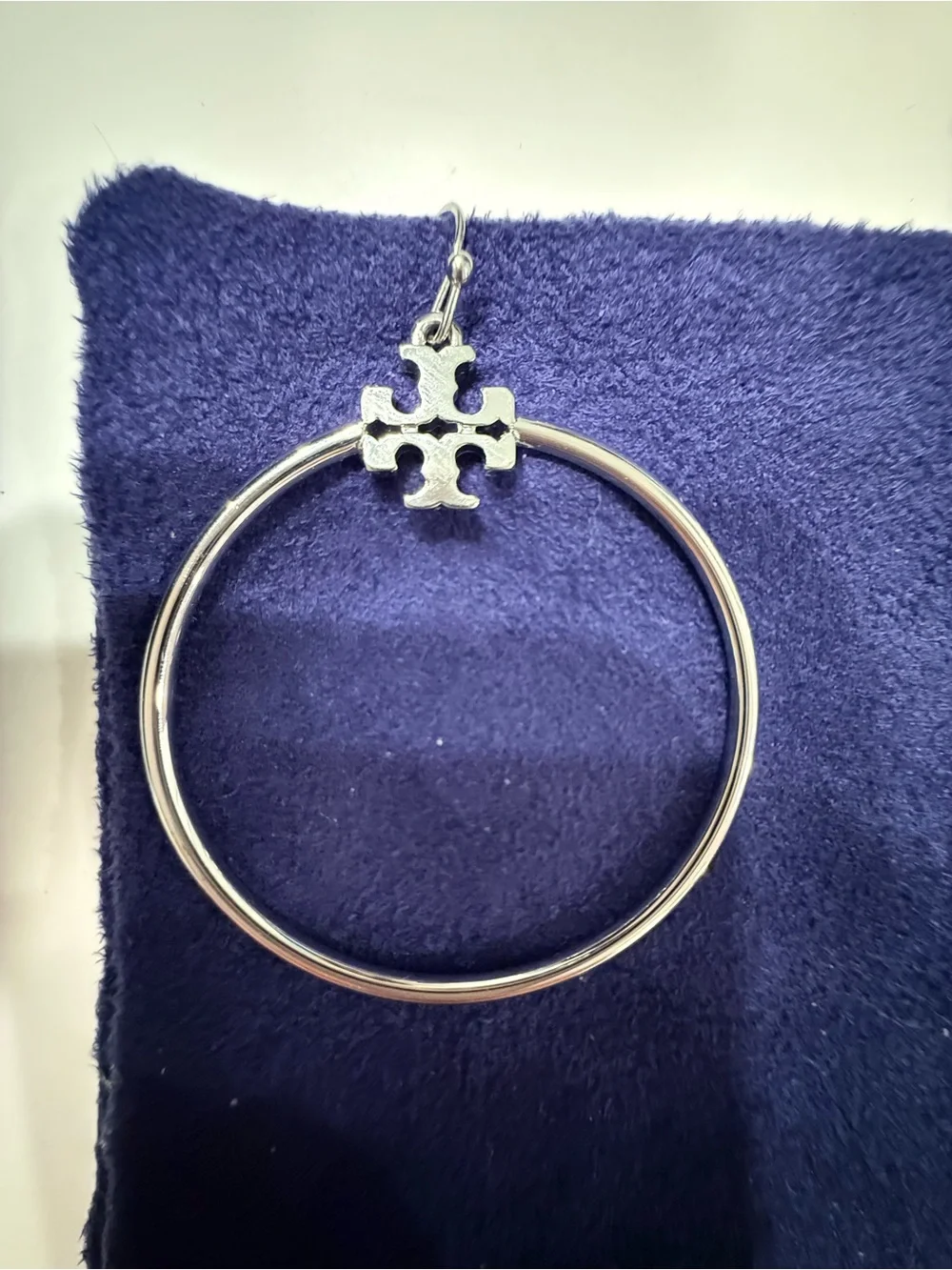 Tory Burch Silver Hoop Earrings with Logo Charm