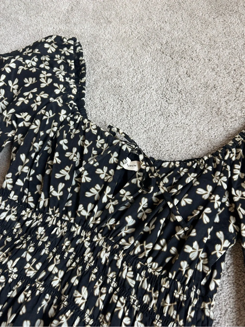 Tory Burch Black Midi Dress with Cream Floral Print, Size Small