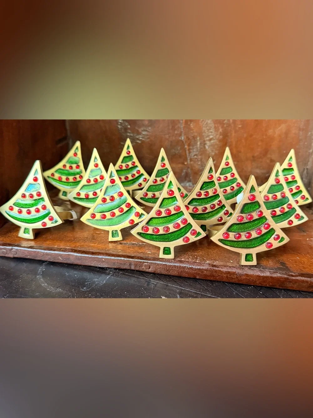 Vintage Holiday Green & Red Brass Enamel Christmas Tree Pier 1 Napkin Holders 12