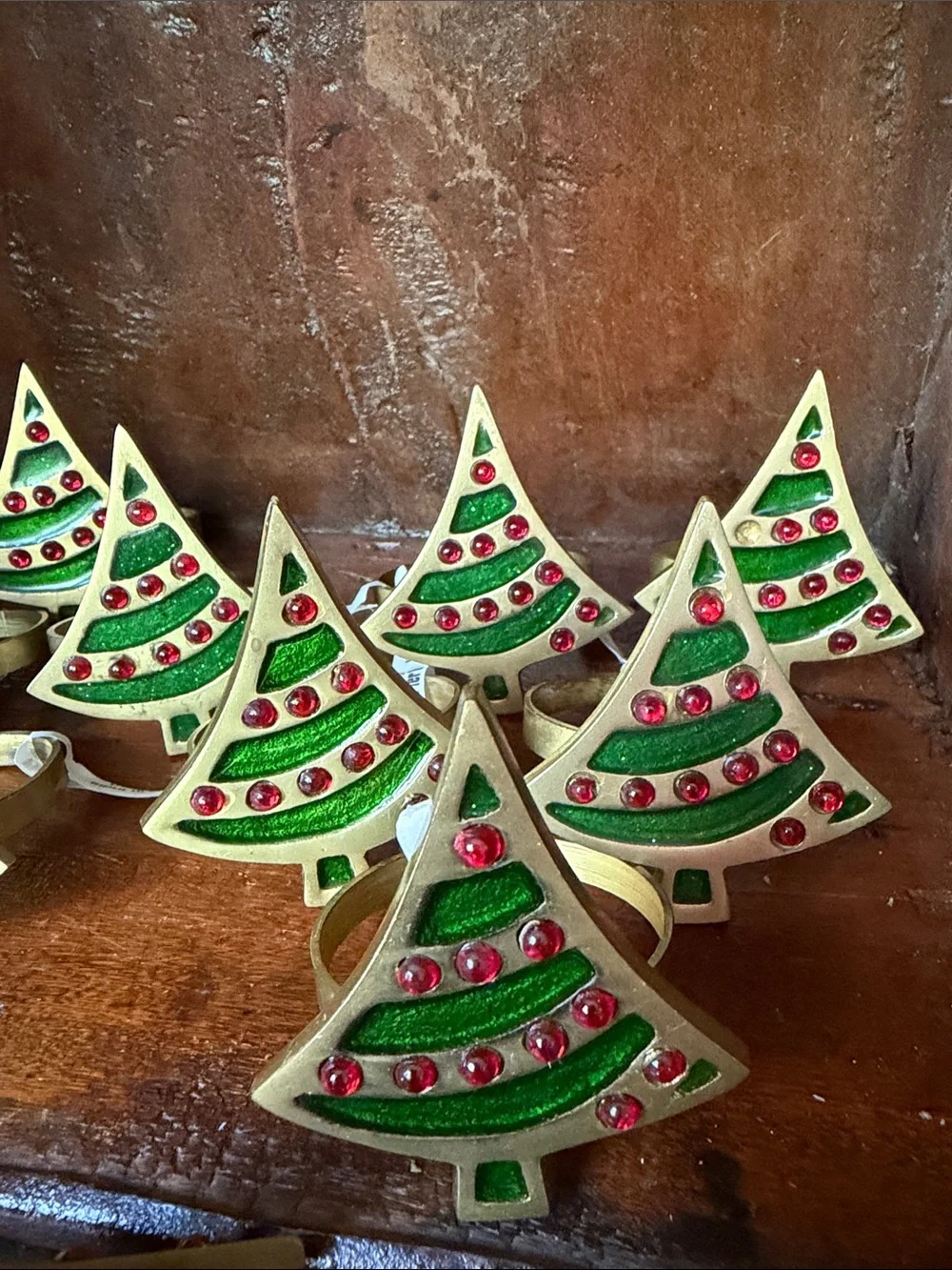 Vintage Holiday Green & Red Brass Enamel Christmas Tree Pier 1 Napkin Holders 12