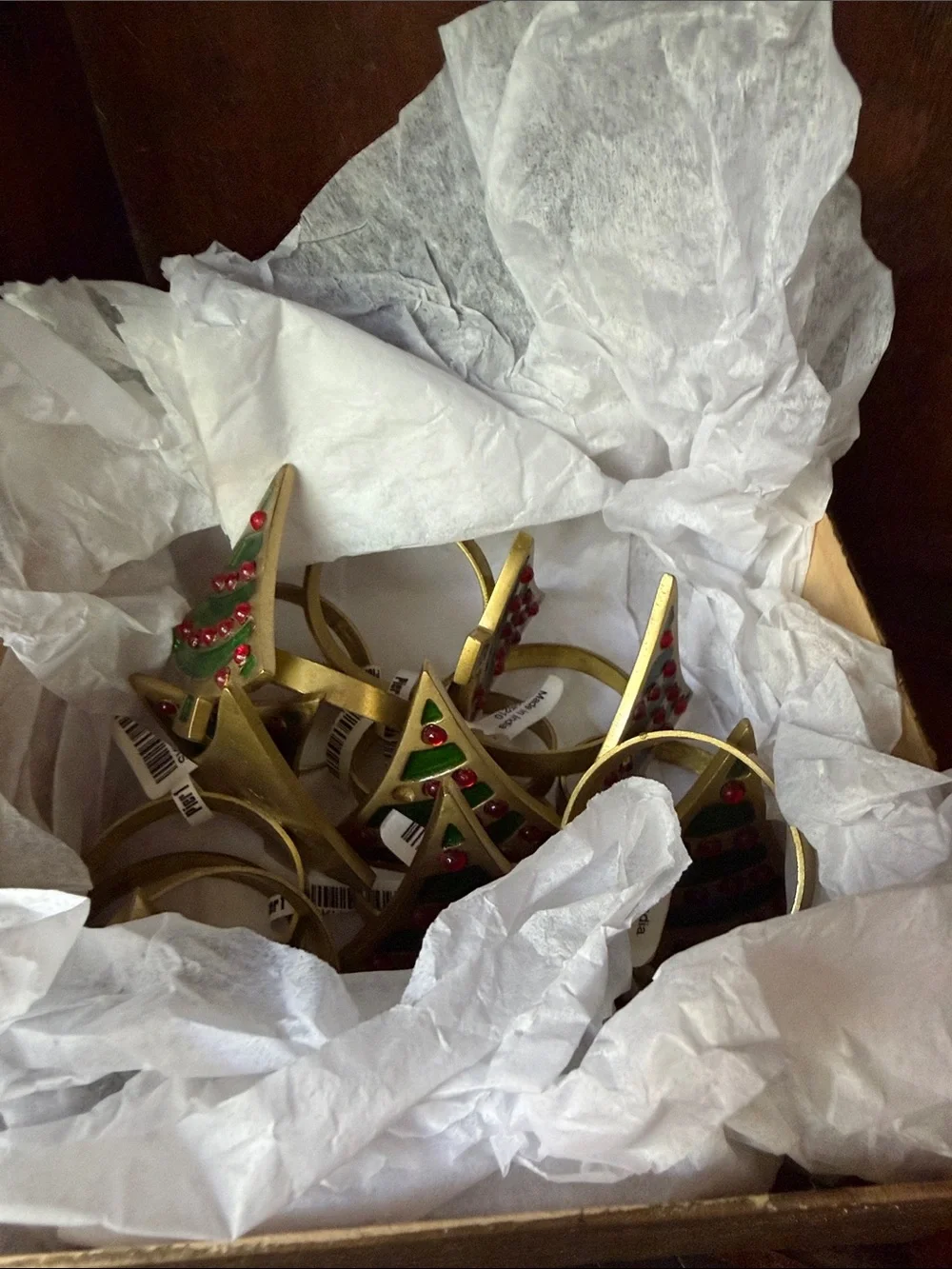 Vintage Holiday Green & Red Brass Enamel Christmas Tree Pier 1 Napkin Holders 12