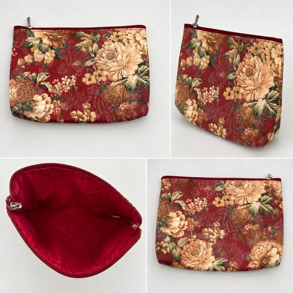 Vintage 70's Floral Zipper Cosmetic Makeup Travel Pouch Burgundy Rose Print Bag
