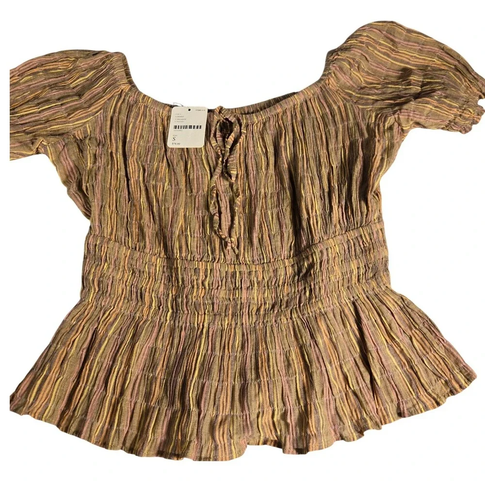Free People Smocked Peplum Top Brown Striped Puff Sleeve OB1140494 Women Small