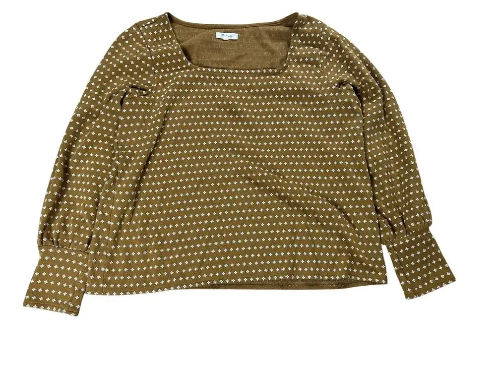 Madewell T-Shirt Womens XL Brown Square Neck Puff Sleeve Knit Geometric Stretch