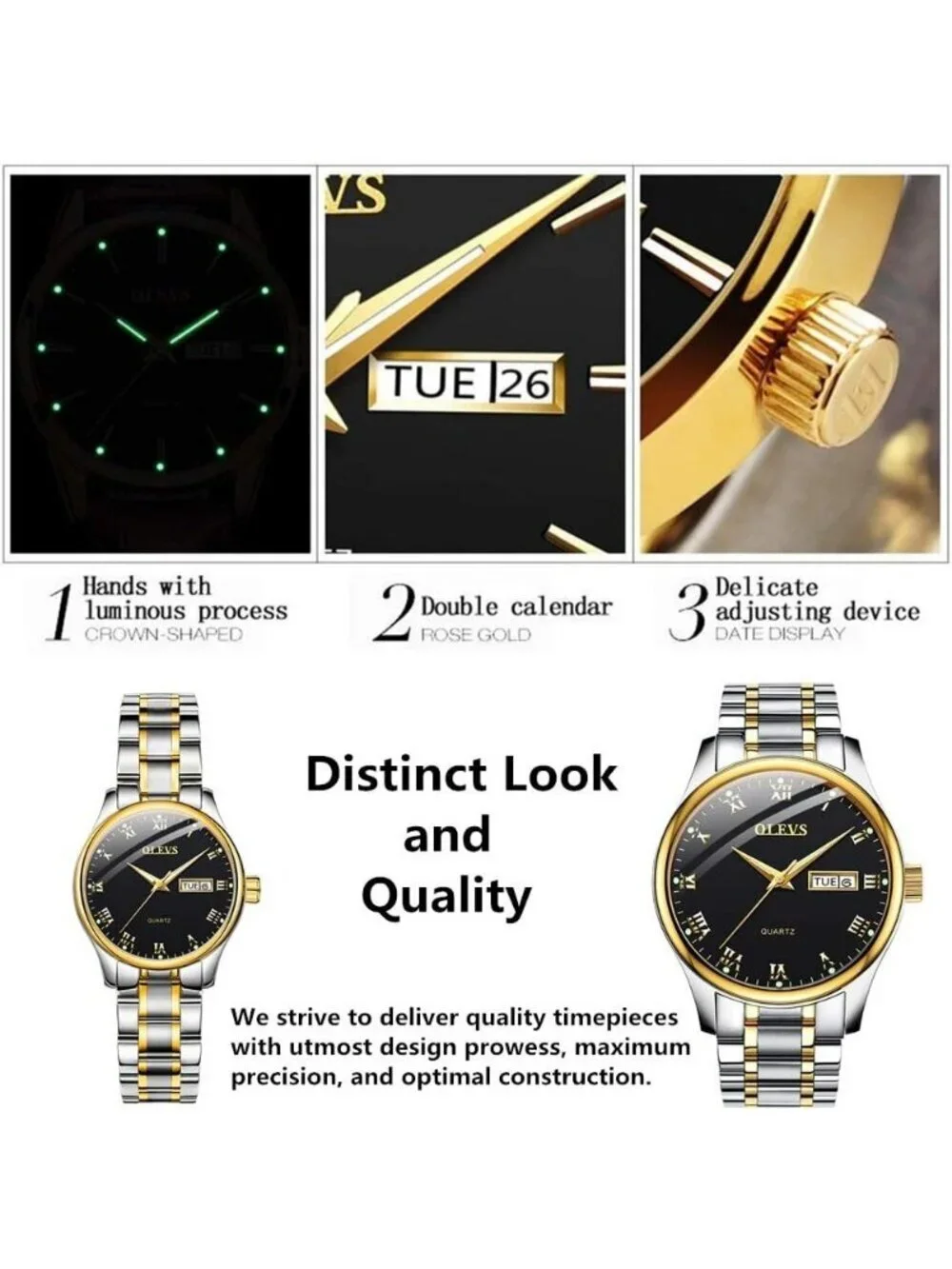 Olevs Men's Silver Stainless Black Face Analog Quartz Waterproof Luminous Watch