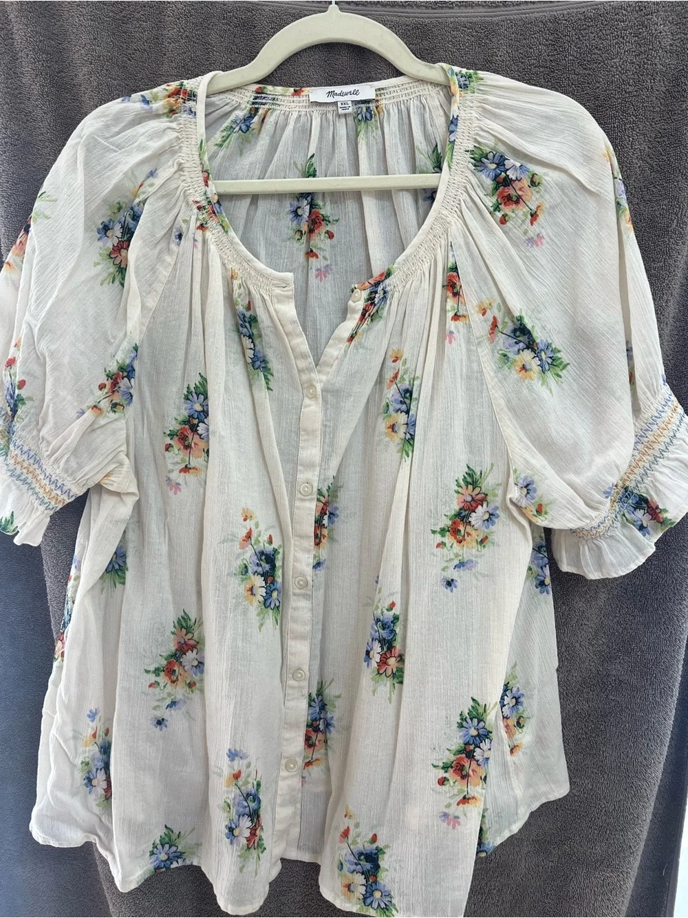 Madewell Cream Floral Button-Front Puff Sleeve Blouse